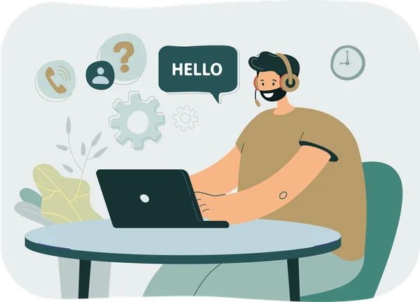 Illustration of a customer support representative with a headset, working on a laptop, with communication and support icons around.
